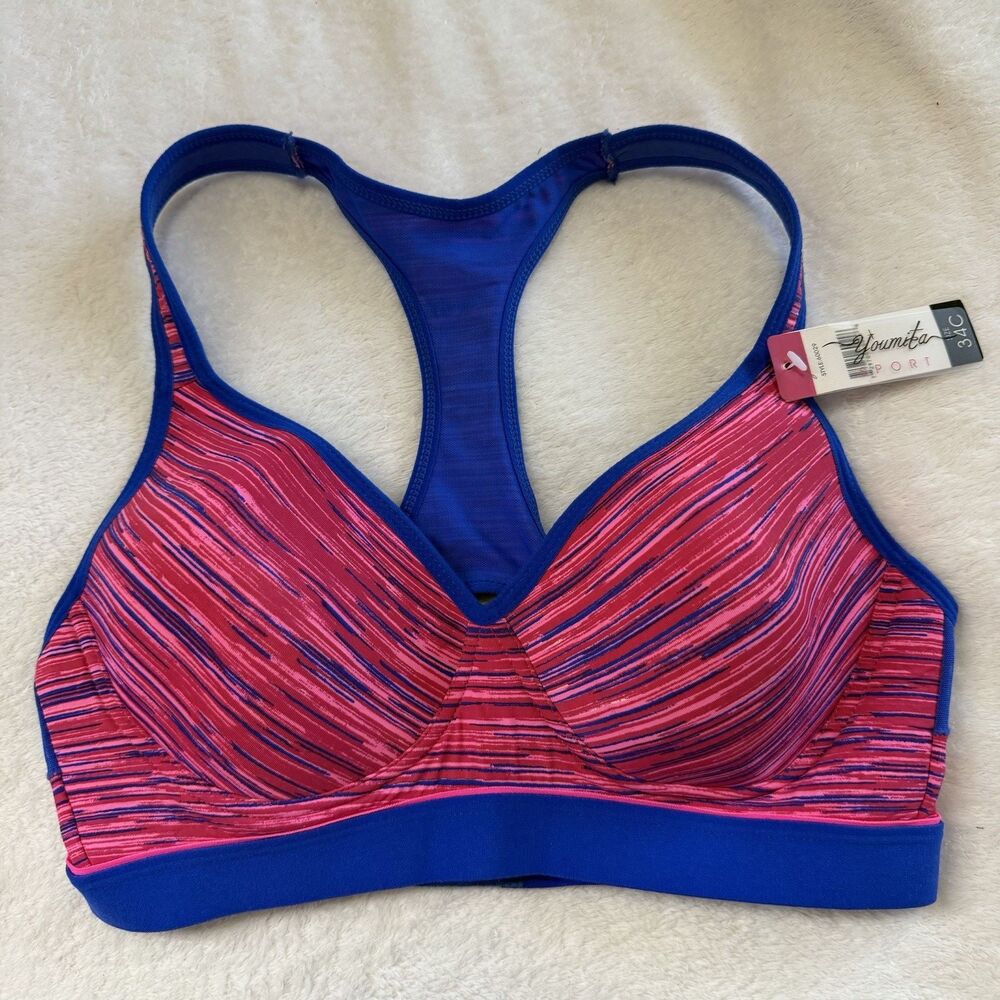 NEW Youmita Sports Athletic Bra 34C PADDED Wireless Keyhole Racerback Pink Blue